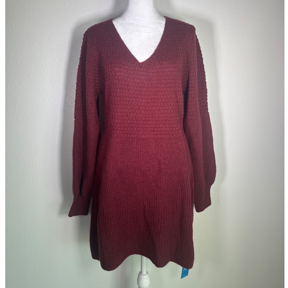 Knit Burgundy VNeck Lantern Sleeve Waffle Knit Sweater Dress Witchy Whimsigoth M